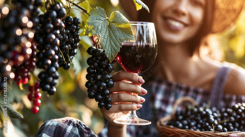 Obraz premium Woman Holding Glass of Red Wine Amidst Ripe Grapes in Vineyard Harvest Season