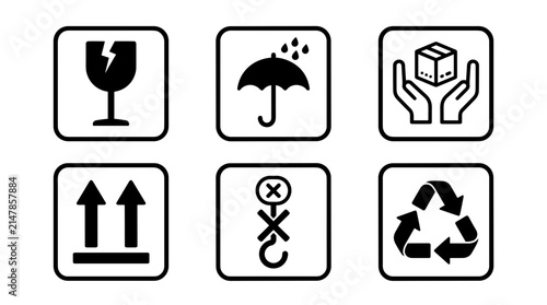 Solid Black Flat Vector Icons for Packaging Symbols - Set of 6 Essential Shipping and Handling Marks