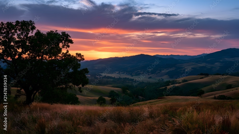 Fototapeta premium A vibrant sunset paints rolling hills and a lone tree silhouette against a dramatic sky at dusk