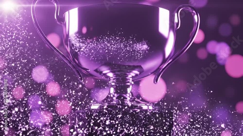 Shiny Silver Trophy on Marble Pedestal with Glittering Bokeh Lights, Award Ceremony Celebration