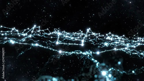 Dynamic luminous network flowing through digital space, an abstract representation of interconnected data pathways and future technological evolution