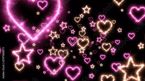 Sparkling Neon Pink and Orange Hearts and Stars Animated Background on Black - Romantic Love
