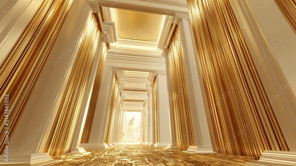 Fototapeta premium Luxurious Golden Hallway with Classical Columns and Rich Drapes, Evoking Grandeur and Opulence