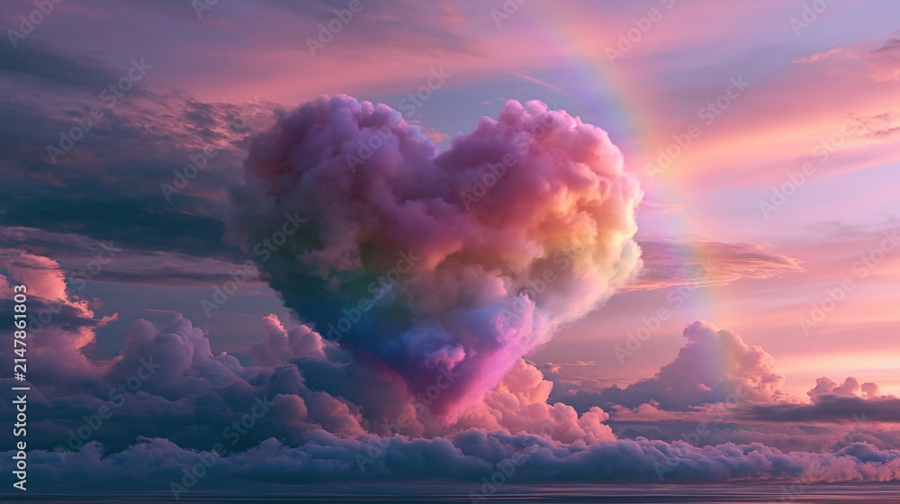 Obraz premium Dreamy Heart Shaped Cloud Formation with Rainbow at Sunset Sky