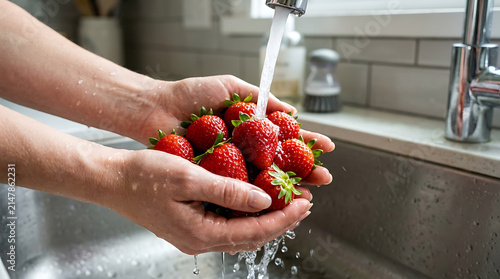 Fresh Strawberry Washing for Food Preparation & Healthy Eating: Kitchen Sink Cleaning Process for Organic Produce
