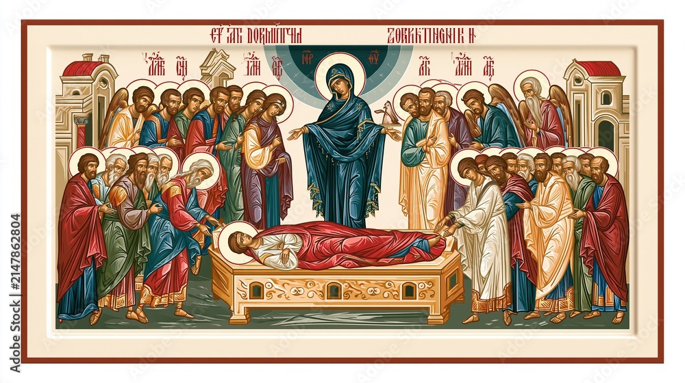 Obraz premium Orthodox Icon Depicting the Dormition of the Theotokos with Apostles and Angels