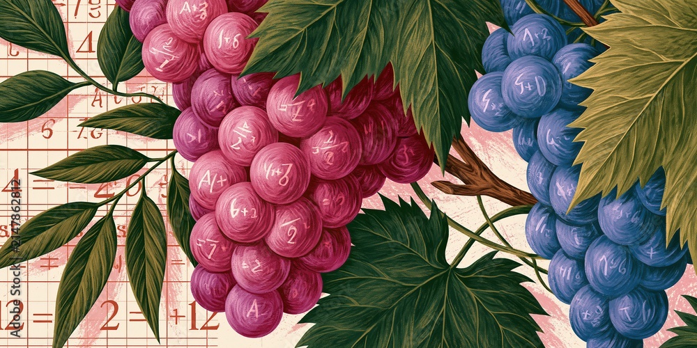 Obraz premium Artistic Illustration of Purple and Red Grapes with Mathematical Symbols on a Grid Background
