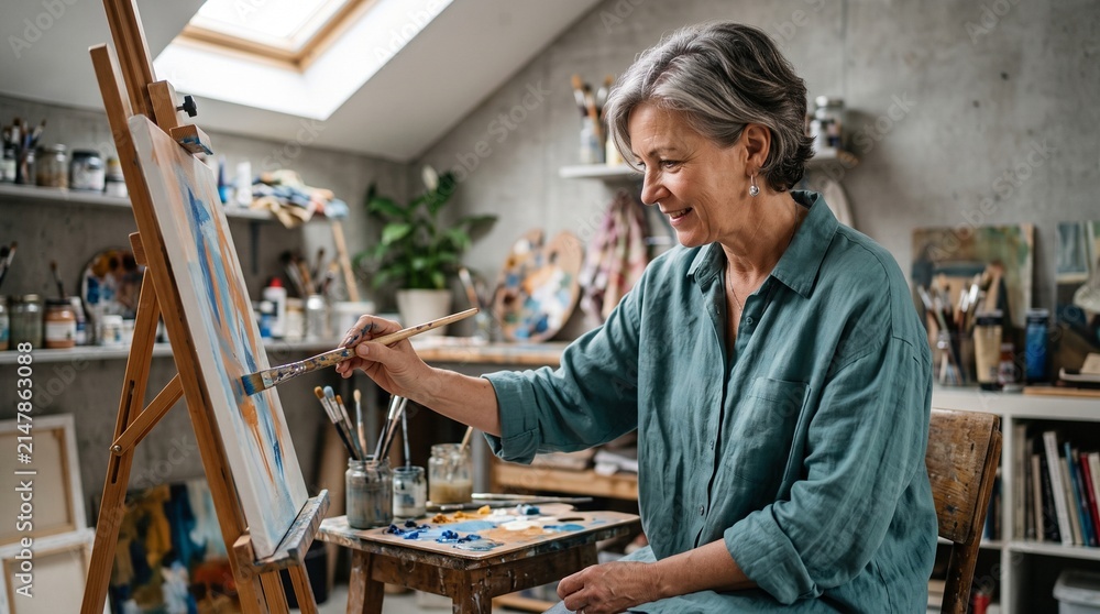 Fototapeta premium Happy senior woman painting on canvas at easel in art studio.