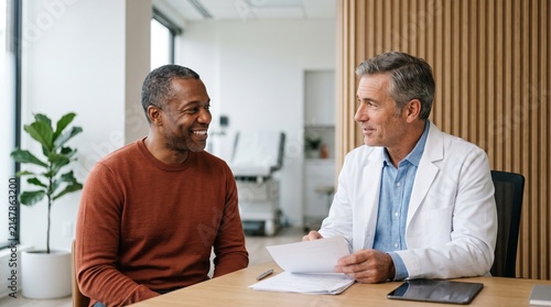 Male doctor consulting smiling African American patient in modern medical office.