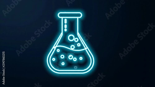 Glowing blue neon chemistry lab flask icon with bubbles on a dark background for science concepts