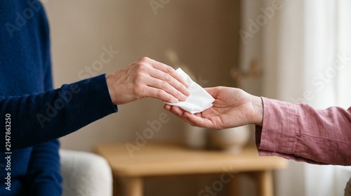 Caring person handing a tissue to offer emotional support and comfort.
