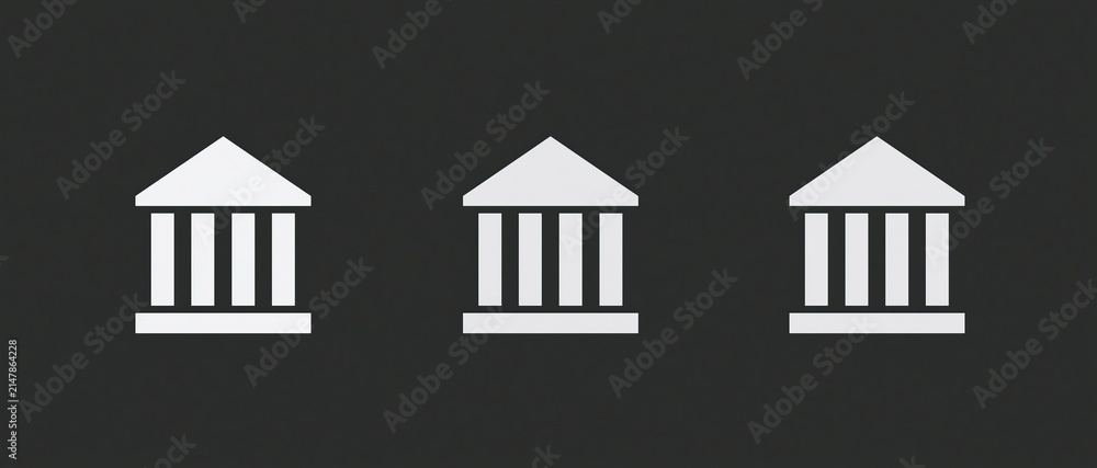 Fototapeta premium Three White Classical Building Icons Representing Finance, Government, or Education on a Dark Background