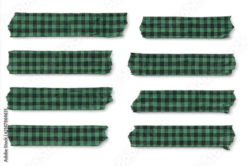Six strips of green and black checkered washi tape are shown with realistic crinkles and textures against a transparent background.