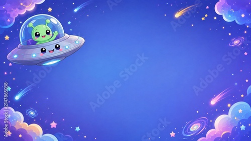 Cute UFO with Friendly Alien Kawaii Cartoon Flat Vector Illustration with Copy Space