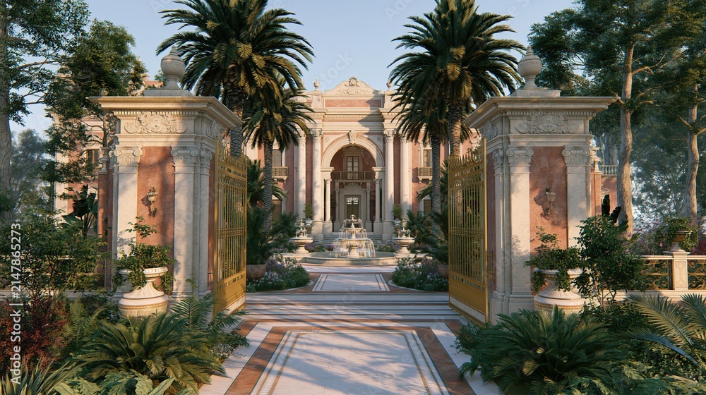 Fototapeta premium Grand mansion entrance with golden gates and fountain surrounded by palm trees and lush gardens under clear sky