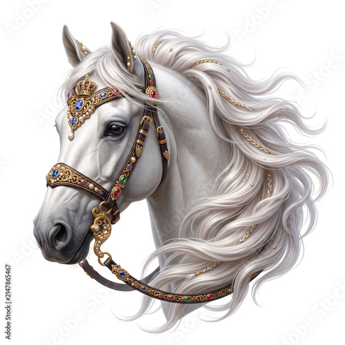 White horse portrait featuring an ornate golden bridle studded with jewels and a flowing silver mane.