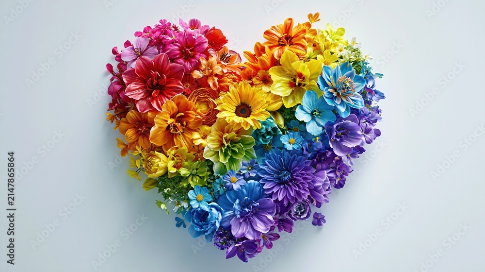 Obraz premium Vibrant Rainbow Heart Shape Crafted from Assorted Colorful Flowers on a Clean White Background
