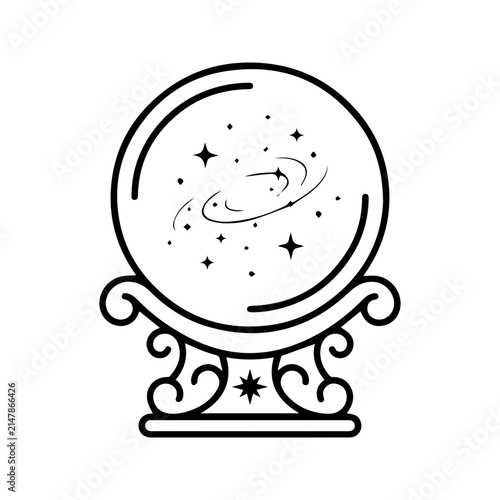 Crystal ball vector icon in minimalist black outline style isolated on white background, fortune teller magic sphere lineart illustration
