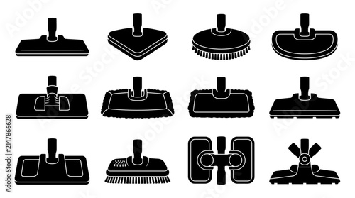 Vacuum Cleaner Brush Head Silhouette Icon Set Vector Collection of Different Cleaning Tool Attachments and Floor Nozzles for Housework Equipment