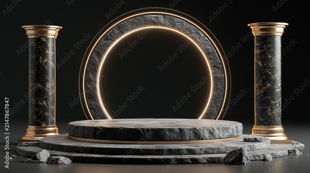 Fototapeta premium Elegant Marble Pedestal Stage with Golden Accents and Circular Neon Light Backdrop