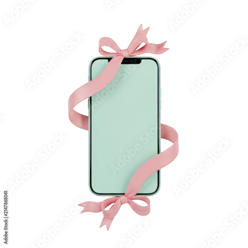 Smartphone gift wrapped with pink ribbon bow on transparent background.