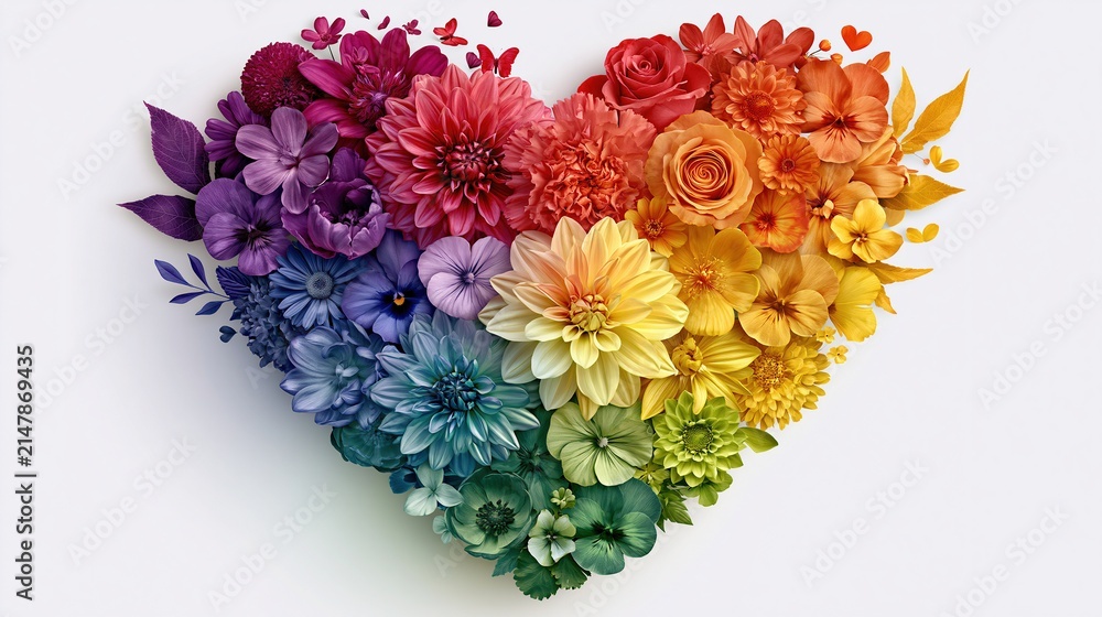 Obraz premium Vibrant Heart Shape Arrangement of Diverse Flowers in Rainbow Gradient, Symbolizing Love and Diversity