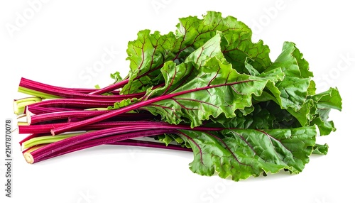 Fresh green broccoli with purple stems on white background.