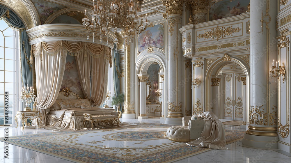 Fototapeta premium Luxurious palace bedroom interior with ornate gold detailing, grand chandeliers, and elegant draped canopy bed in bright white marble room