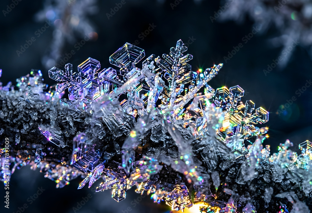 Fototapeta premium Macro shot of iridescent snowflakes reflecting rainbow light on branch