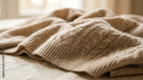 Soft beige knitted cable sweater texture close-up on a wooden surface with clothing material comfortable softness background lifestyle lighting