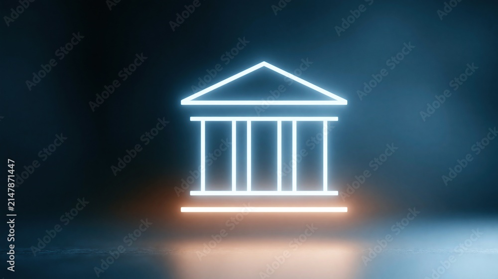 Fototapeta premium Glowing Neon Outline of a Classic Building Facade with Columns on a Dark, Reflective Surface