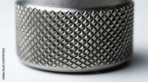 Macro photography of a steel knurled adjustment knob with a precise diamond grip texture for industrial equipment