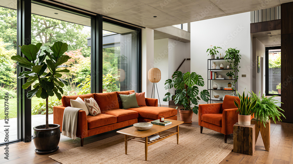 Fototapeta premium Modern luxury interior design with elegant home styling and premium furniture - Designer living room focusing on harmony between o
