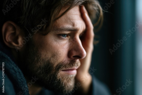 Person sitting alone by window looking thoughtful