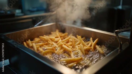 Golden French Fries Sizzling in Hot Oil, Close Up in Commercial Kitchen