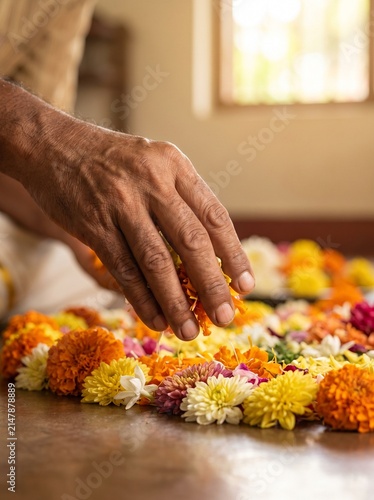 Hands Arranging Colorful Flowers for Traditional Onam Pookalam