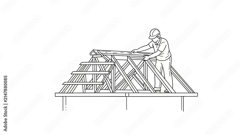 Obraz premium Line art illustration of a construction worker building a wooden roof frame on a residential house site.