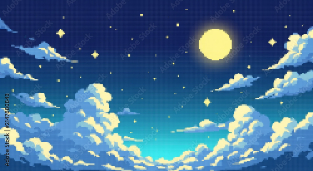Naklejka premium Pixel Art Night Sky Background with Full Moon, Stars and Clouds, Retro 8-Bit Fantasy Landscape Illustration