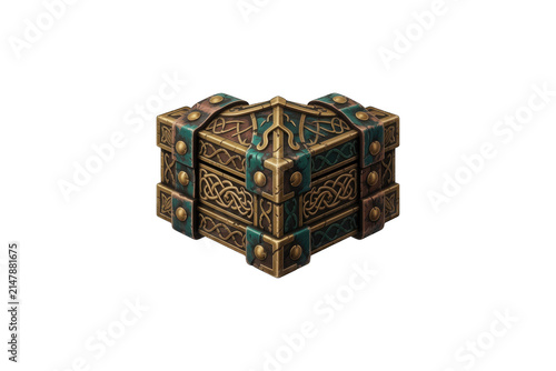 Ornate fantasy treasure chest isolated on transparent. Antique wooden box with metal decorations.