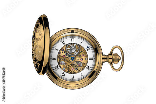 Vintage gold pocket watch isolated on transparent. Antique mechanical timepiece with open gears.