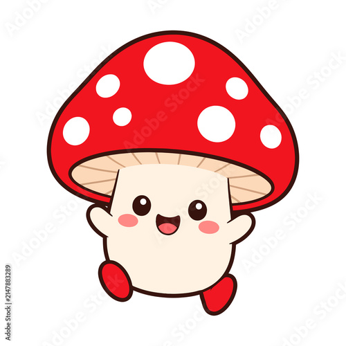 Mushroom Character with a Red Cap and White Spots Smiling Cheerfully in a Kawaii Cartoon Style Illustration