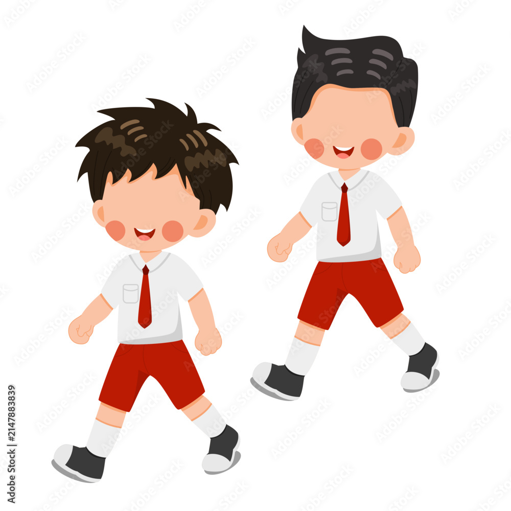 Fototapeta premium Two Happy Elementary School Boys in Uniform Walking