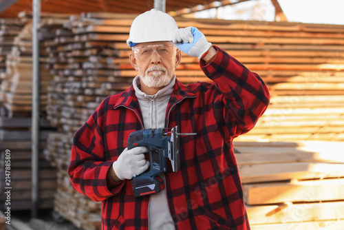 Mature male carpenter in ha...