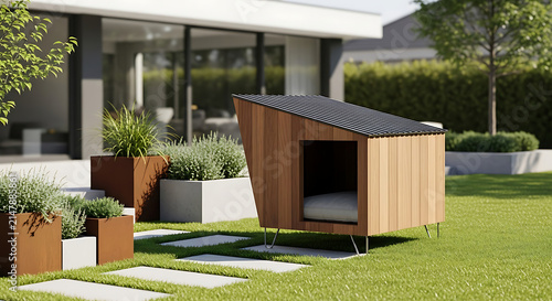 Modern wooden pet shelter situated on lush backyard lawn near contemporary residential home patio