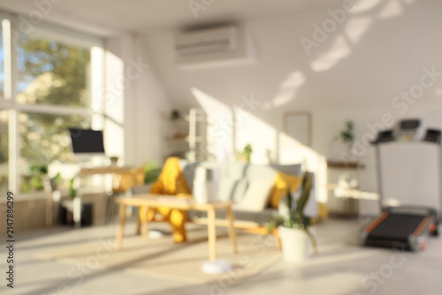 Blurred view of light living room with sofa, workplace and appliances