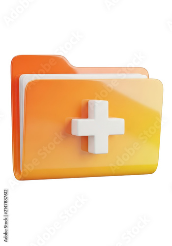 3d orange folder icon with a white plus sign for medical records and healthcare data management isolated on transparent background