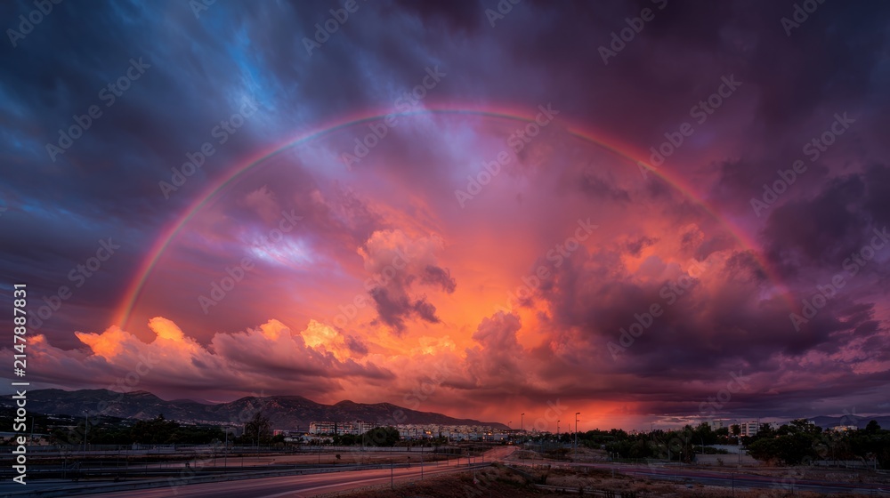 Fototapeta premium Beautiful evening sunset with vibrant rainbow across golden sky, dramatic clouds, peaceful nature landscape and scenic horizon panorama