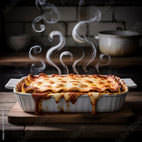 Lasagna sits steaming inside a white rectangular ceramic baking dish placed upon a rustic wooden cutting board in a kitchen setting.