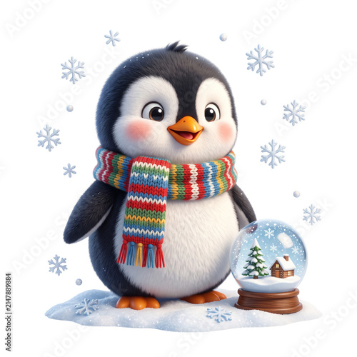 Penguin character wearing a colorful winter scarf stands joyfully beside a miniature snow globe containing a tiny festive house and evergreen tree.