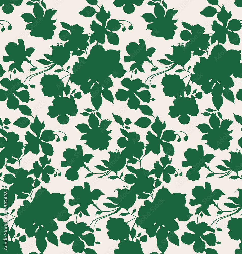 flowers seamless pattern on sage green texture textile, botanical wallpaper background 
